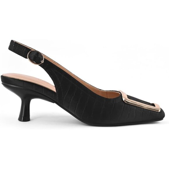 SICARE Slingback Kitten Heels Synthetic Black Closed Square Toe Low Heel Pumps - Picture 2 of 8